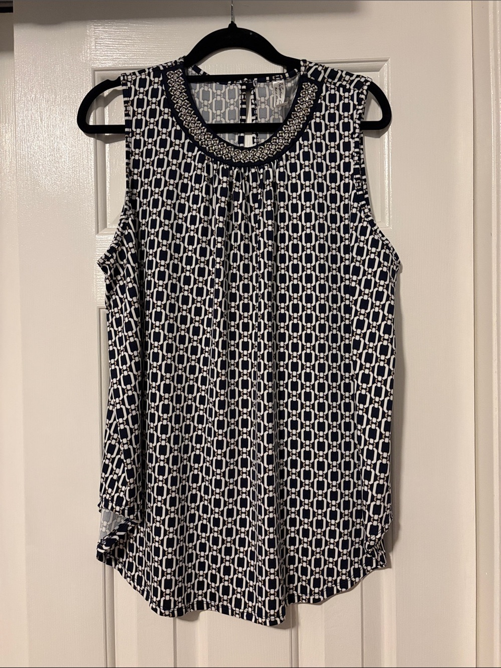 PerSeption Concept Navy & White Beaded-Neck Sleeveless Camisole